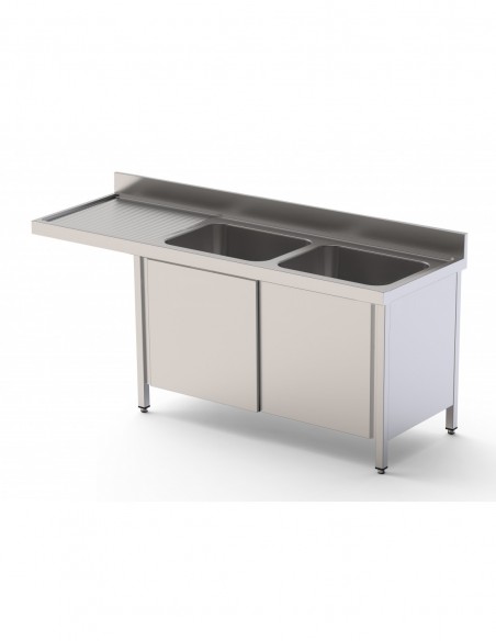 Fregadero Industrial Acero Inoxidable Con 2 Cuba y Escurridor Con Puertas Correderas
