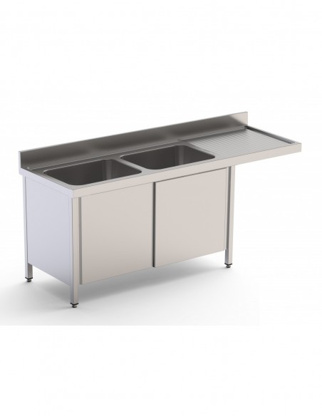 Fregadero Industrial Para Lavavajillas Acero Inoxidable Con 2 Cubas y Escurridor Con Mueble con Puertas Correderas